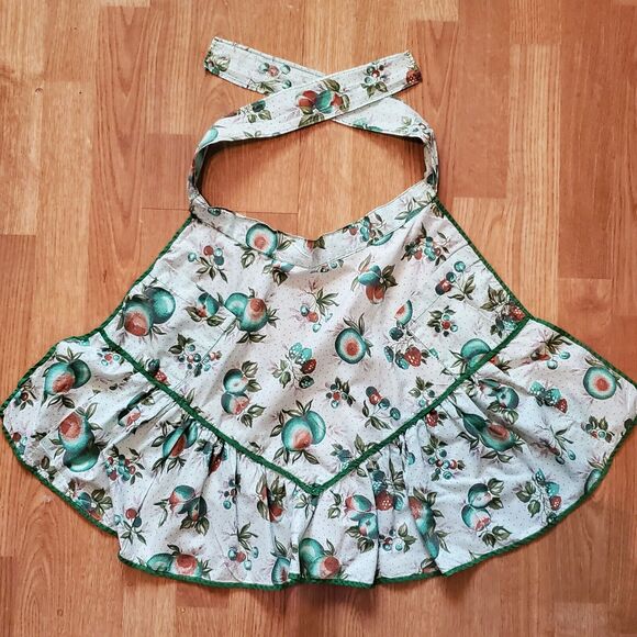 Vintage Handcrafted Half Apron Green Fruit 18" Long 44" Waist w/ Ties - Picture 1 of 2